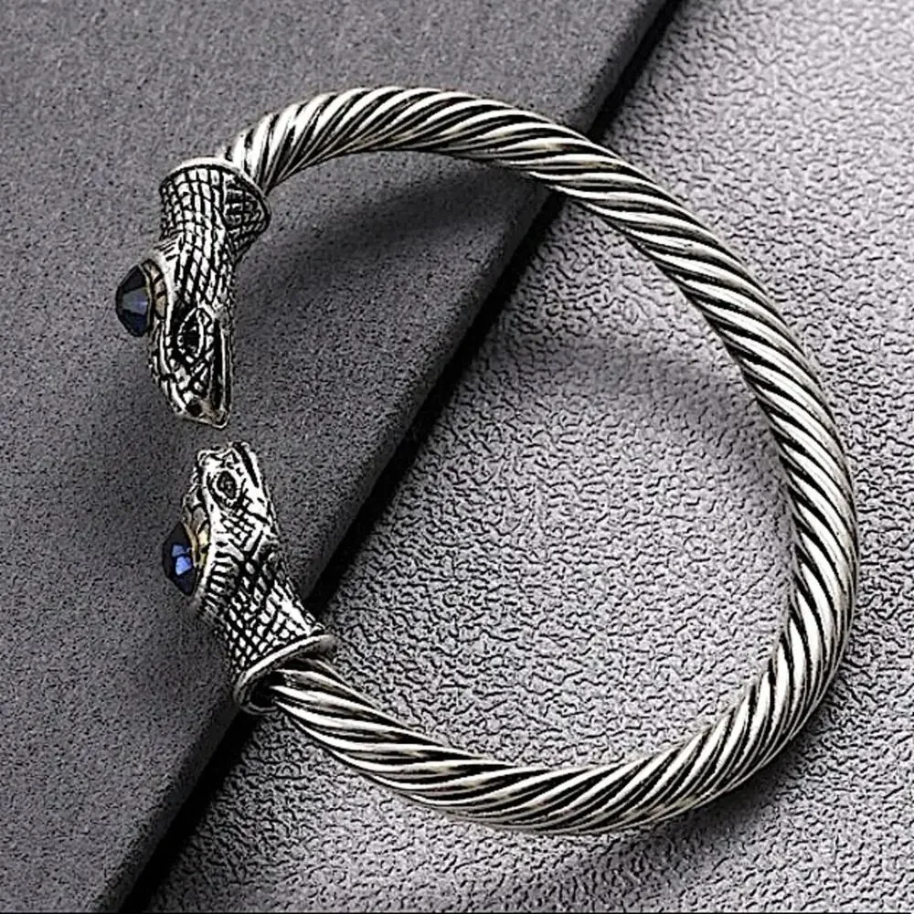 STERLING SILVER PLATED SNAKE HEAD DRAGON VIKING SAPPHIRE STONE BANGLE BRACELET